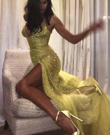Niulatu Spaghetti Strap Sheath Yellow Long Prom Dresses Tulle Sequin Formal Dresses Yellow Evening Dresses HZ1026